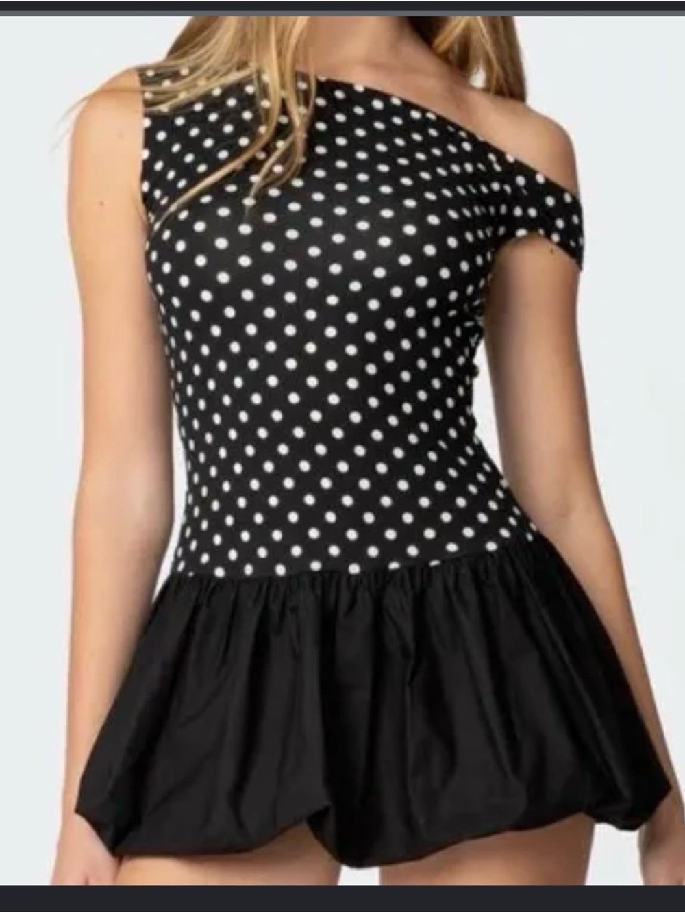 Edikted Black and White Polka Dot One-Shoulder Mini Dress